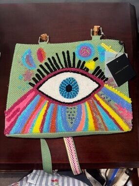 Embroidered and Beaded Eye Crossbody Bag in Green with Multicolor Accents